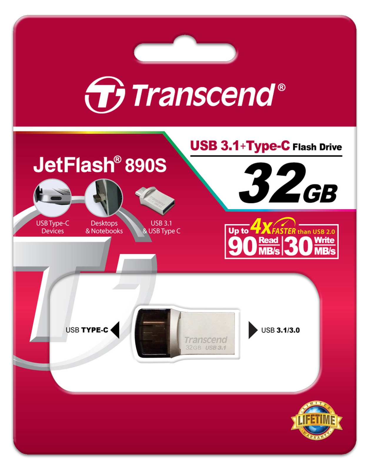 32GB TRANSCEND FLASH JF890S USB 3.0 OTG TO USB A + USB-C TYPE